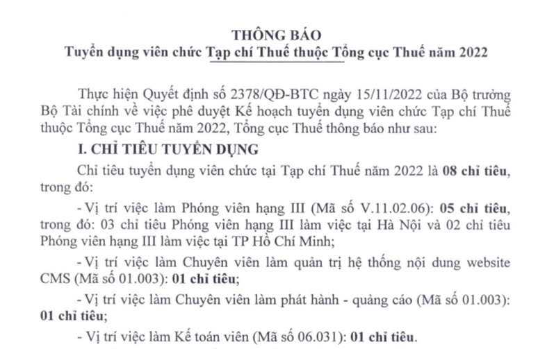 Tạp chí Thuế tuyển dụng viên chức